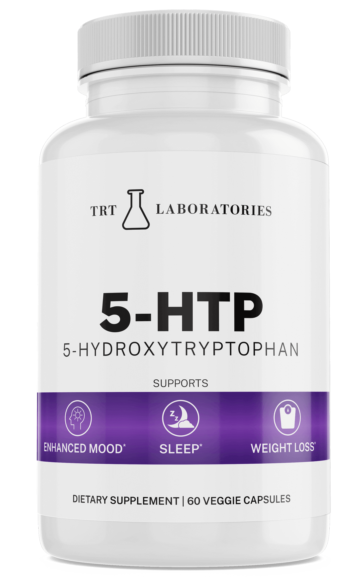 5-HTP supplement bottle for enhanced mood, better sleep, and weight loss benefits, by TRT Laboratories.