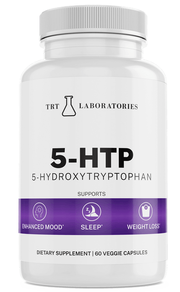 5-HTP supplement bottle for enhanced mood, better sleep, and weight loss benefits, by TRT Laboratories.