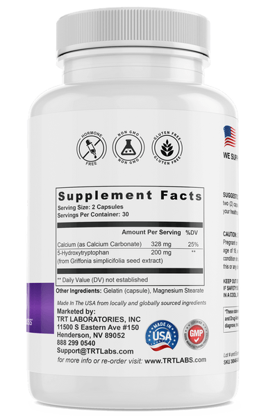 5-HTP supplement by TRT LABORATORIES, INC. with supplement facts and ingredients, promoting mood and sleep support.