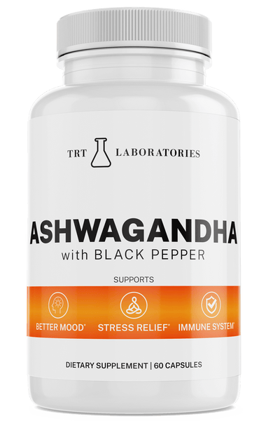 Ashwagandha supplement with black pepper for better mood, stress relief, and immune system support by TRT Laboratories.