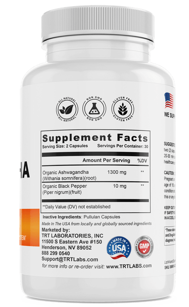 Ashwagandha supplement bottle by TRT LABORATORIES, featuring supplement facts and ingredients like Black Pepper for enhanced absorption