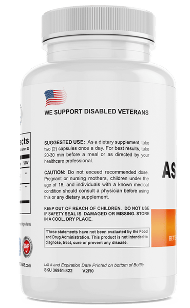 Ashwagandha supplement bottle by TRT LABORATORIES, INC. with usage instructions and support for disabled veterans.