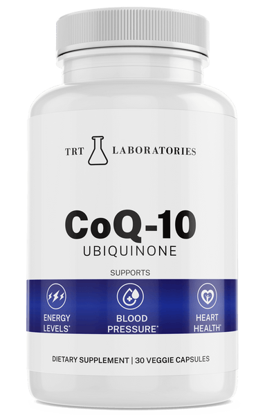 CoQ10 Ubiquinone supplement by TRT LABORATORIES for energy, blood pressure, and heart health. 30 veggie capsules bottle.