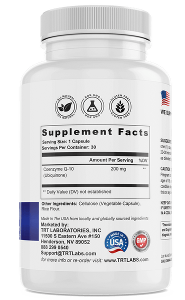 CoQ-10 Ubiquinone supplement by TRT LABORATORIES, non-GMO, 200mg per serving, made in the USA, supplement facts label