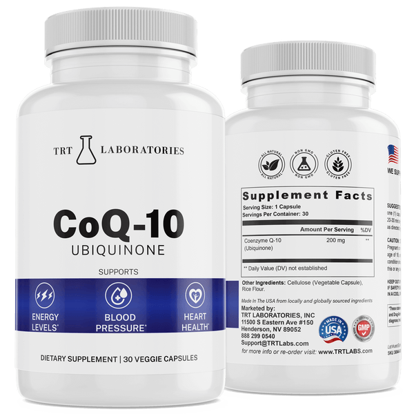 Bottle of TRT Laboratories CoQ-10 Ubiquinone supplement highlighting energy, blood pressure, and heart health benefits.