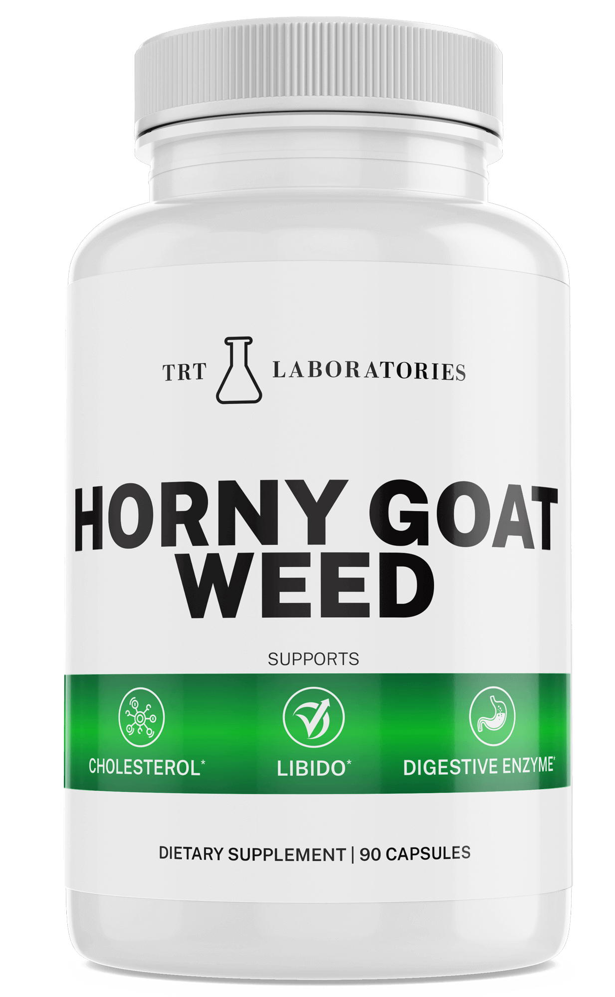 Horny Goat Weed supplement bottle for libido and testosterone support, 90 capsules.