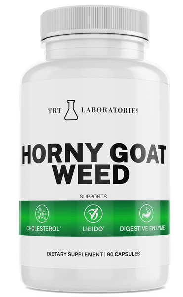 Horny Goat Weed supplement bottle for libido and testosterone support, 90 capsules.