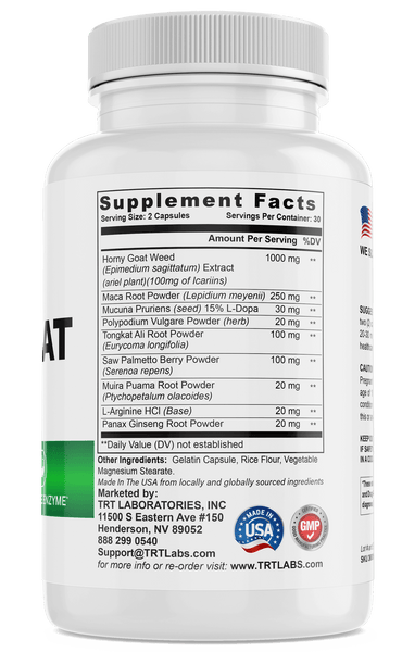 Horny Goat Weed supplement bottle with ingredients list, featuring powerful herbs and amino acids by TRT Laboratories, Inc.