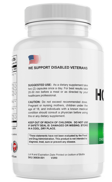 Horny Goat Weed supplement bottle by TRT LABORATORIES, INC. with usage instructions and support for disabled veterans.