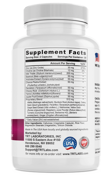 Liver Protect supplement bottle showing ingredients and nutritional facts by TRT Laboratories for liver health support.