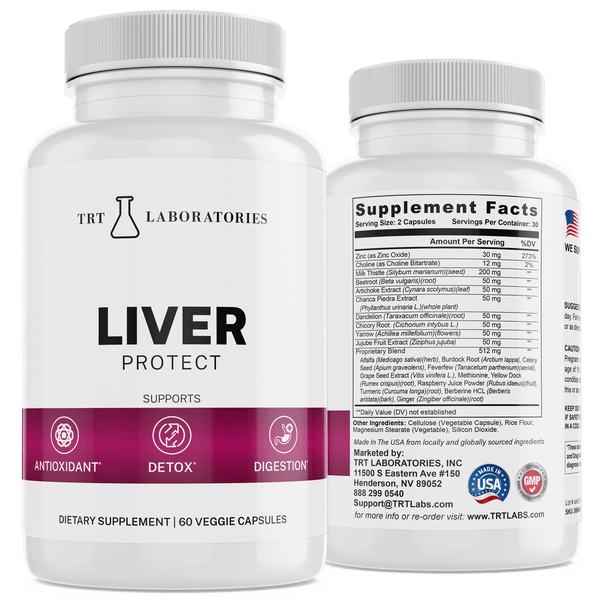 Liver Protect supplement bottle by TRT Laboratories for antioxidant, detox, and digestion support.