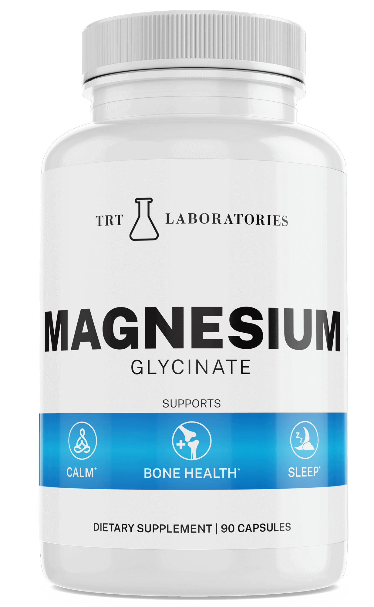 TRT LABORATORIES Magnesium Glycinate supplement bottle for calm, bone health, and sleep support.