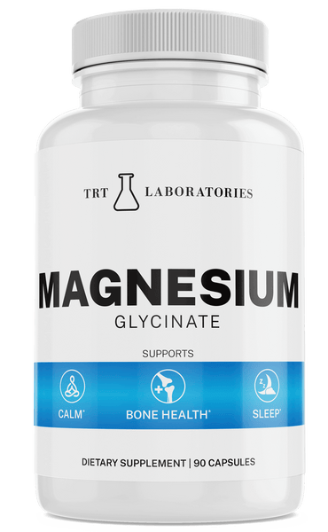 Magnesium Glycinate supplement bottle for calm, bone health, and sleep support by TRT Laboratories.