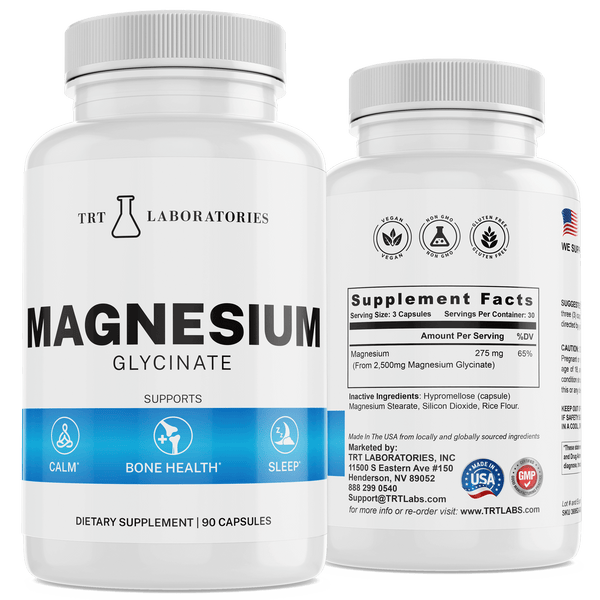 "TRT Laboratories Magnesium Glycinate supplement bottle promoting calm, bone health, and sleep support with supplement facts."