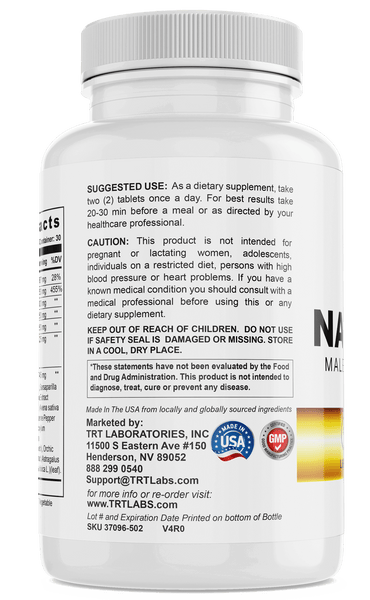 Back view of Nature's Rod supplement bottle by TRT LABORATORIES, INC., showing usage instructions and manufacturer information