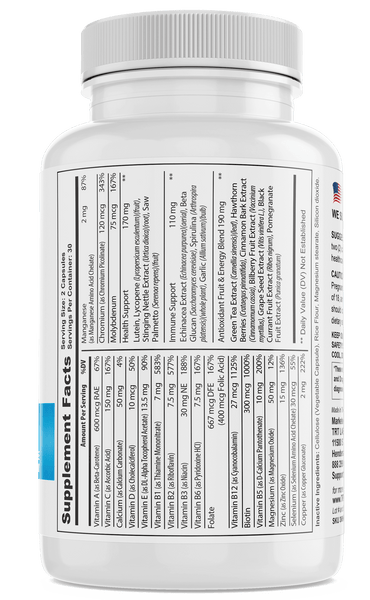 Men's Multi-Vitamin by TRT LABORATORIES, INC. supplement facts label showing vitamins and minerals for health and testosterone support.