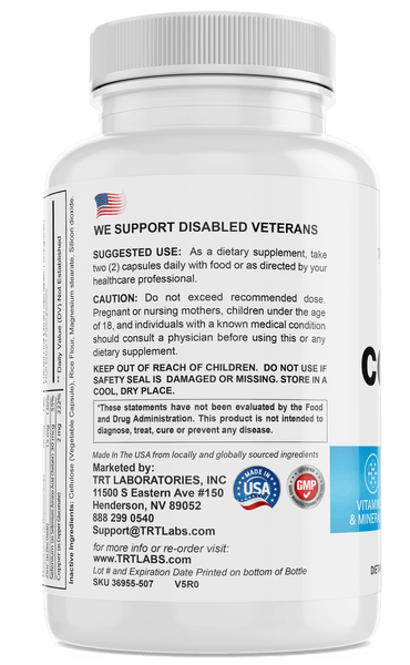 Men's Multi-Vitamin bottle back with usage instructions and support message for veterans by TRT LABORATORIES, INC.