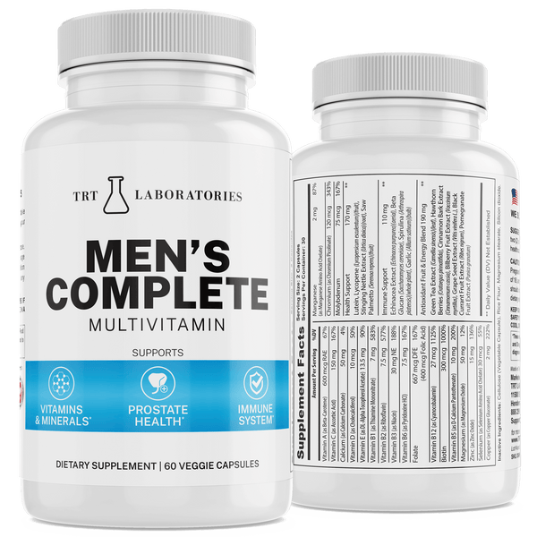 Men's Complete Multivitamin by TRT Laboratories for prostate health and immune support, 60 veggie capsules bottle.