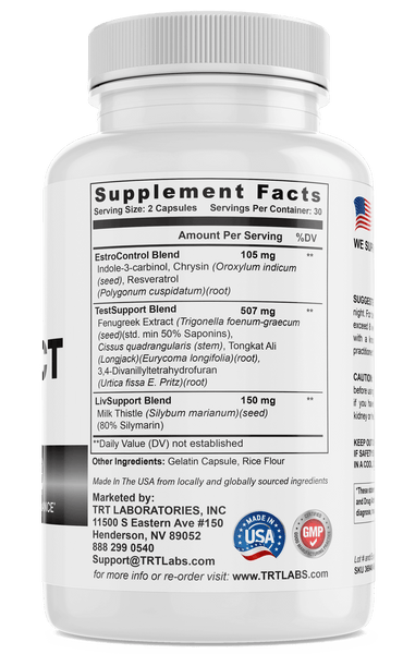 Back view of Natural PCT supplement bottle showing ingredients and nutritional information by TRT LABORATORIES, INC.