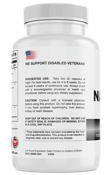 "Natural PCT supplement bottle with usage guidelines and support for disabled veterans by TRT LABORATORIES, INC."