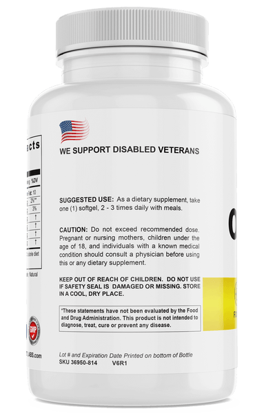 Omega-3 Fish Oil supplement bottle by TRT LABORATORIES, side label with instructions and support message for disabled veterans.