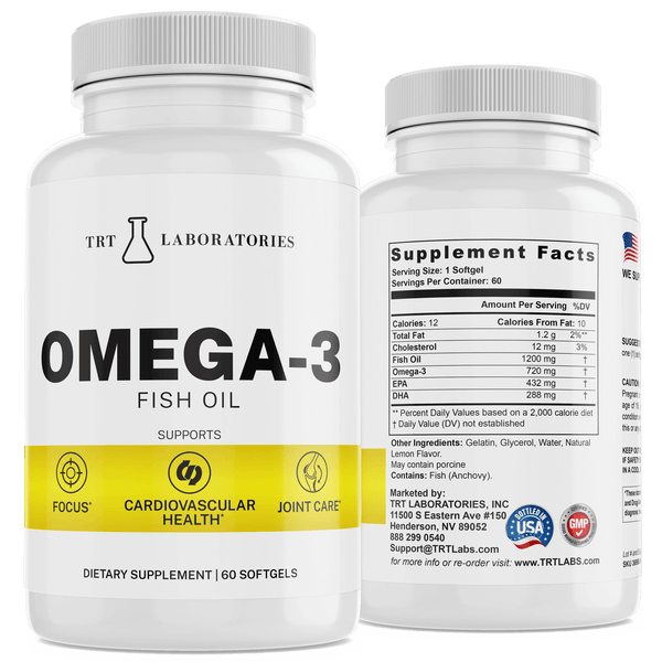 Omega-3 Fish Oil supplement bottles for focus, cardiovascular health, and joint care by TRT Laboratories.