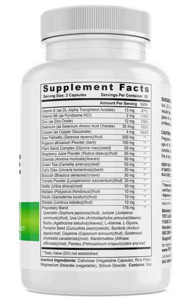 Prostate Protect supplement bottle showing nutritional facts and ingredient list by TRT LABORATORIES, INC.