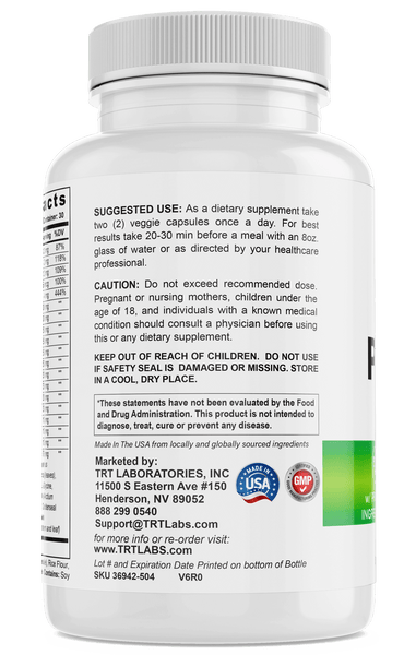 Back label of Prostate Protect supplement bottle by TRT LABORATORIES, INC., showing suggested use and manufacturing details.