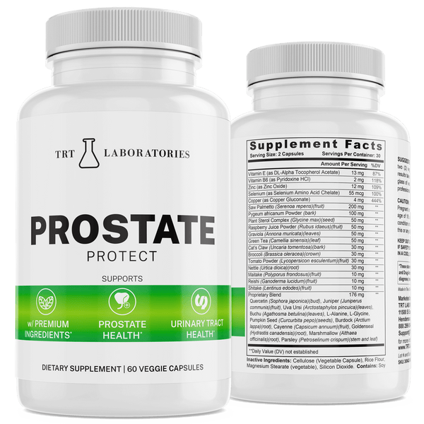 Prostate Protect supplement bottles with premium ingredients for prostate and urinary tract health by TRT Laboratories