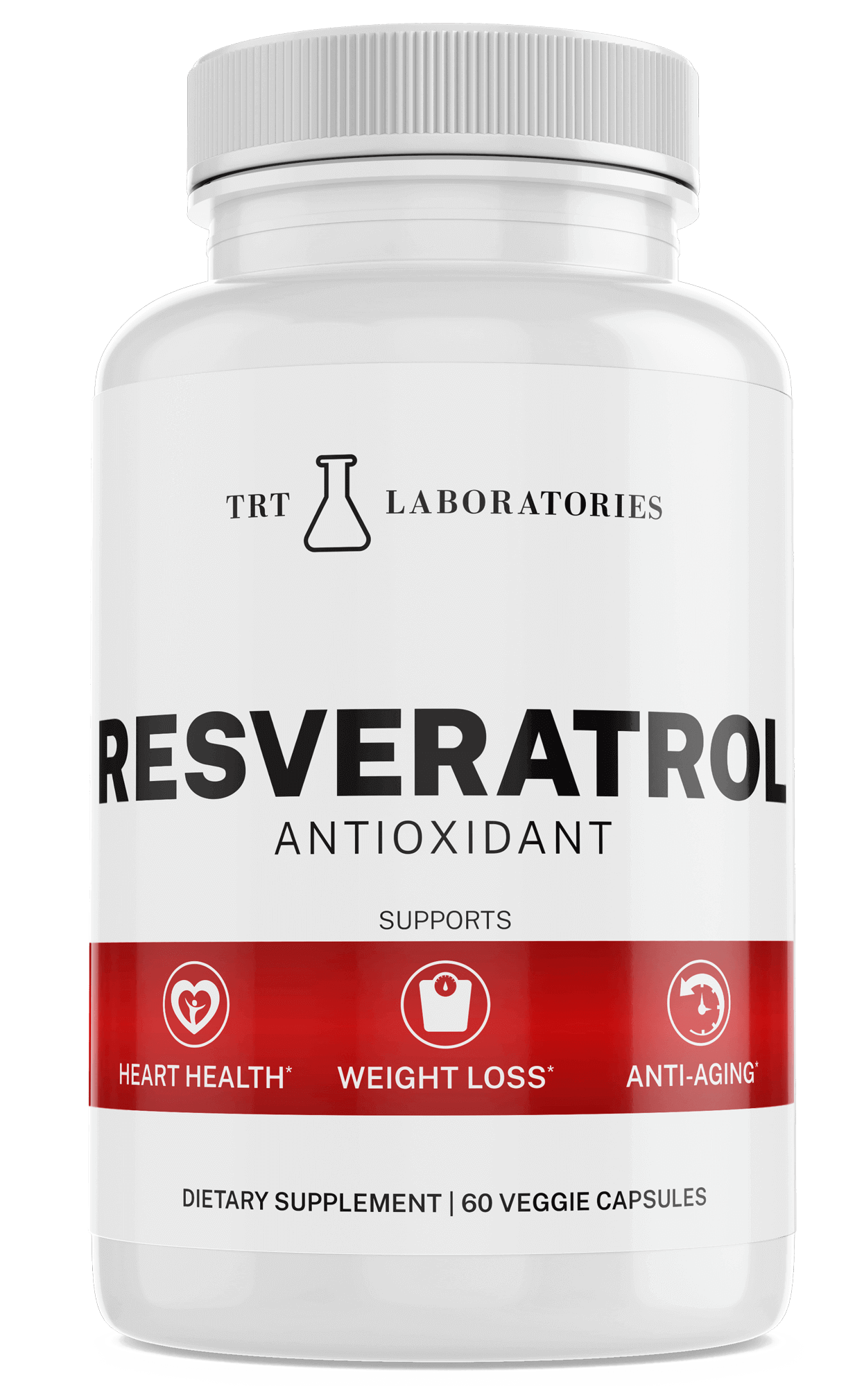 TRT LABORATORIES Resveratrol antioxidant supplement bottle for heart health, weight loss, and anti-aging benefits.