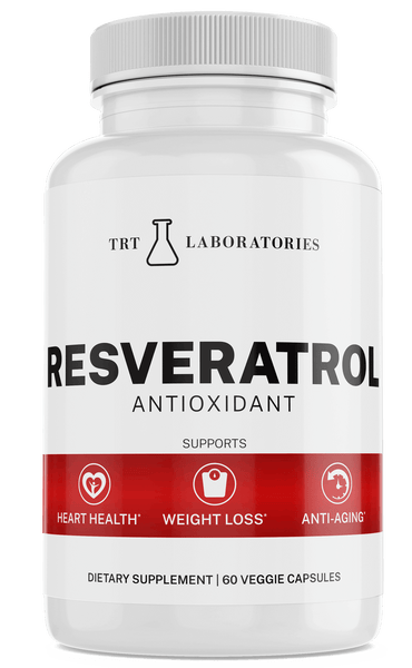 TRT LABORATORIES Resveratrol antioxidant supplement bottle for heart health, weight loss, and anti-aging benefits.