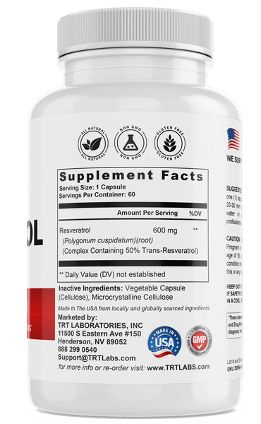 Resveratrol supplement bottle from TRT LABORATORIES showcasing supplement facts and quality certification logos.