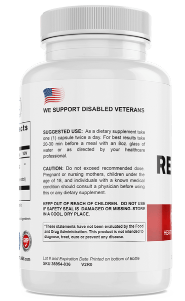 Resveratrol supplement bottle back view with usage instructions and veteran support label.