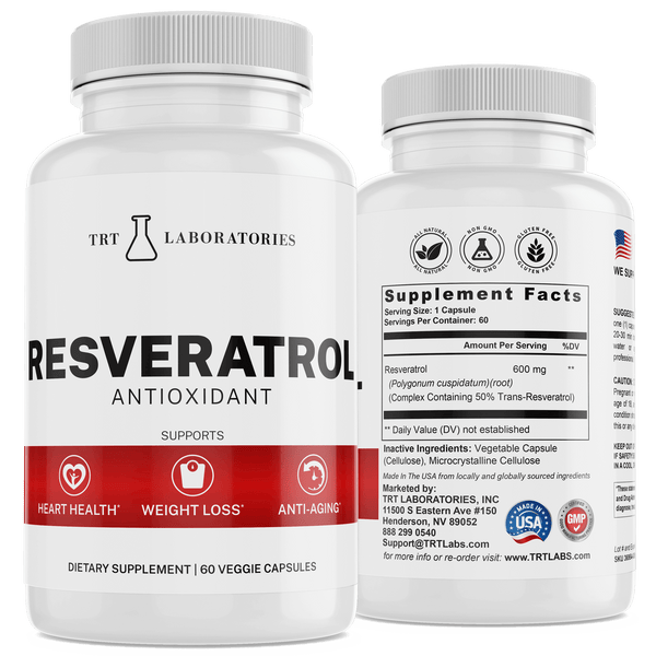 Bottles of TRT Laboratories Resveratrol supplement supporting heart health, weight loss, and anti-aging with supplement facts.