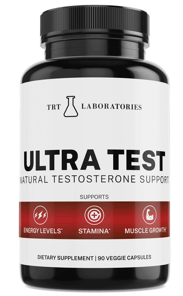 Ultra Test natural testosterone support supplement bottle for energy, stamina, and muscle growth.