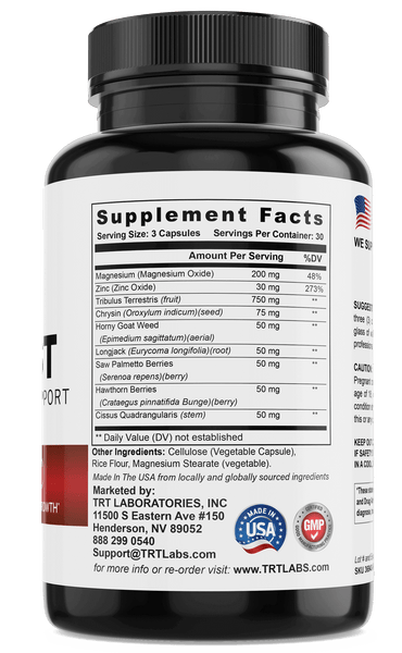 Ultra Test supplement bottle by TRT LABORATORIES with ingredient list including Tribulus Terrestris and Magnesium.