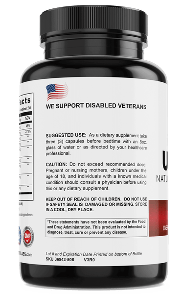 Ultra Test supplement bottle by TRT LABORATORIES, highlighting support for disabled veterans and usage instructions.