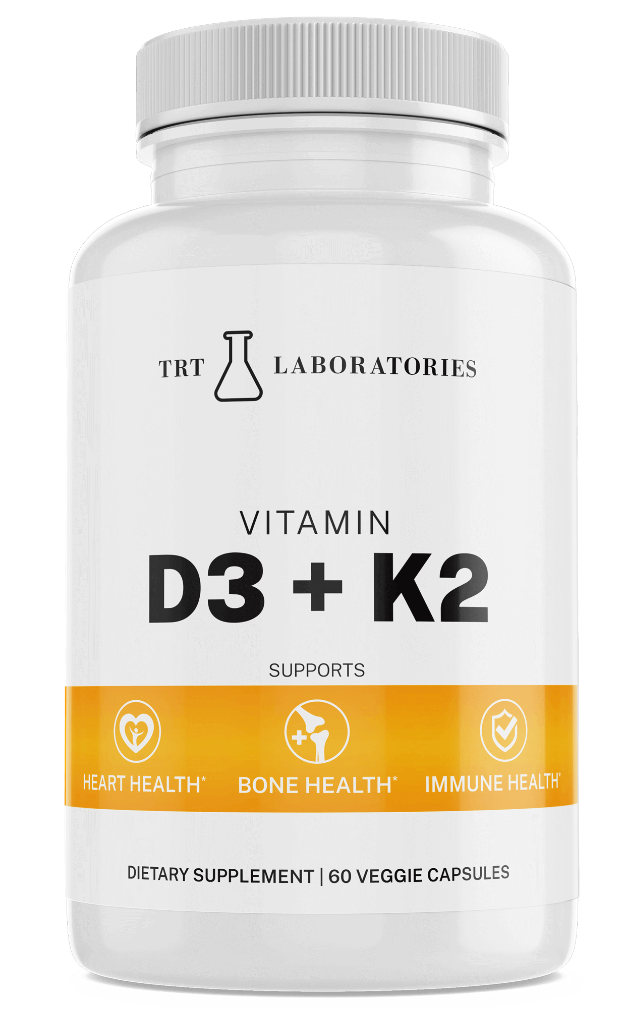 Vitamin D3 + K2 supplement by TRT LABORATORIES for heart, bone, and immune health, 60 veggie capsules bottle.