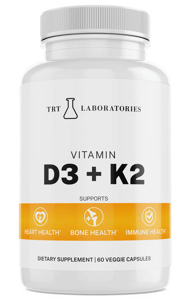 Vitamin D3 + K2 supplement by TRT LABORATORIES for heart, bone, and immune health, 60 veggie capsules bottle.