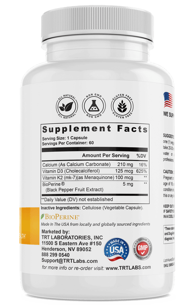 D3 + K2 supplement bottle by TRT LABORATORIES with supplement facts label, non-GMO, gluten-free, made in USA.