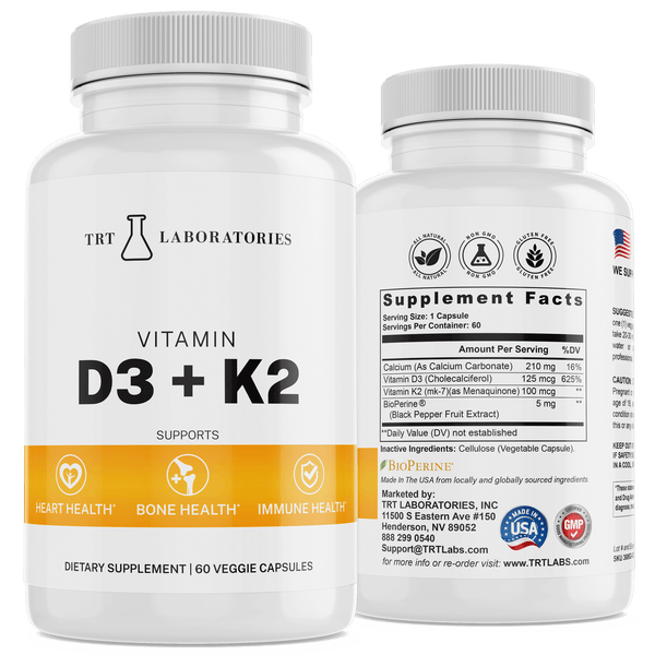 Vitamin D3 + K2 bottle by TRT Laboratories for heart, bone, and immune health support, showing front and supplement facts label.