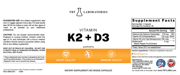 TRT LABORATORIES Vitamin K2 + D3 supplement label supporting heart and immune health with suggested use and ingredients.