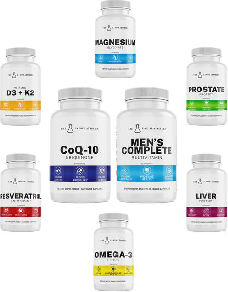 Essentials Bundle supplements for men's health, featuring multivitamins, D3 + K2, CoQ-10, and more for optimal testosterone support.